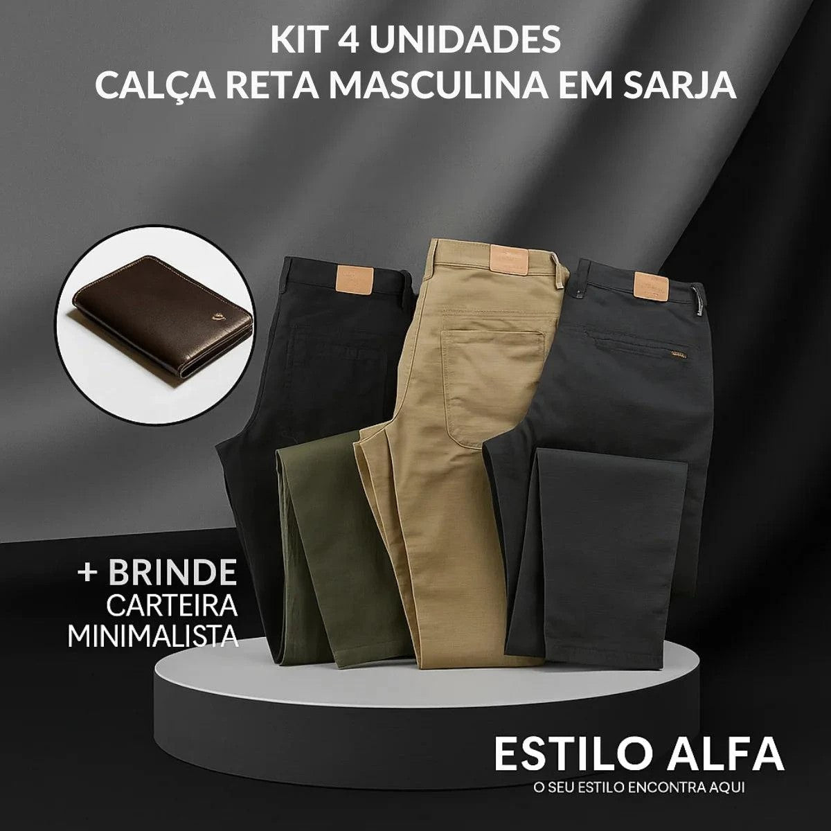 Calça Reta Masculina em Sarja - Kit 4 Unidades + Brinde carteira minimalista