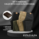 Calça Reta Masculina em Sarja - Kit 4 Unidades + Brinde carteira minimalista