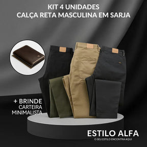 Calça Reta Masculina em Sarja - Kit 4 Unidades + Brinde carteira minimalista