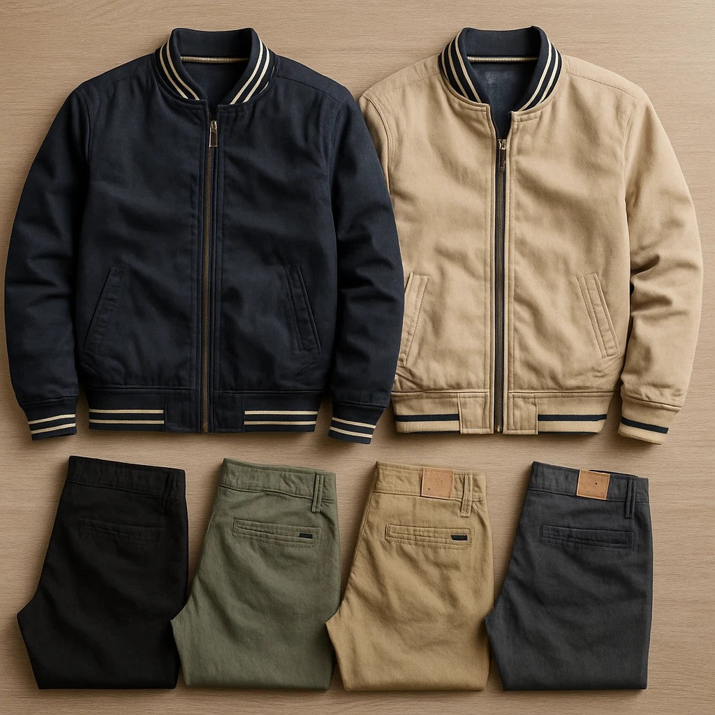 Kit 4 Calças Masculina em Sarja + 2 Jaquetas Premium Reversível Bege/Preta. Brinde Carteira + Relógio Exclusivo até Dia dos Pais