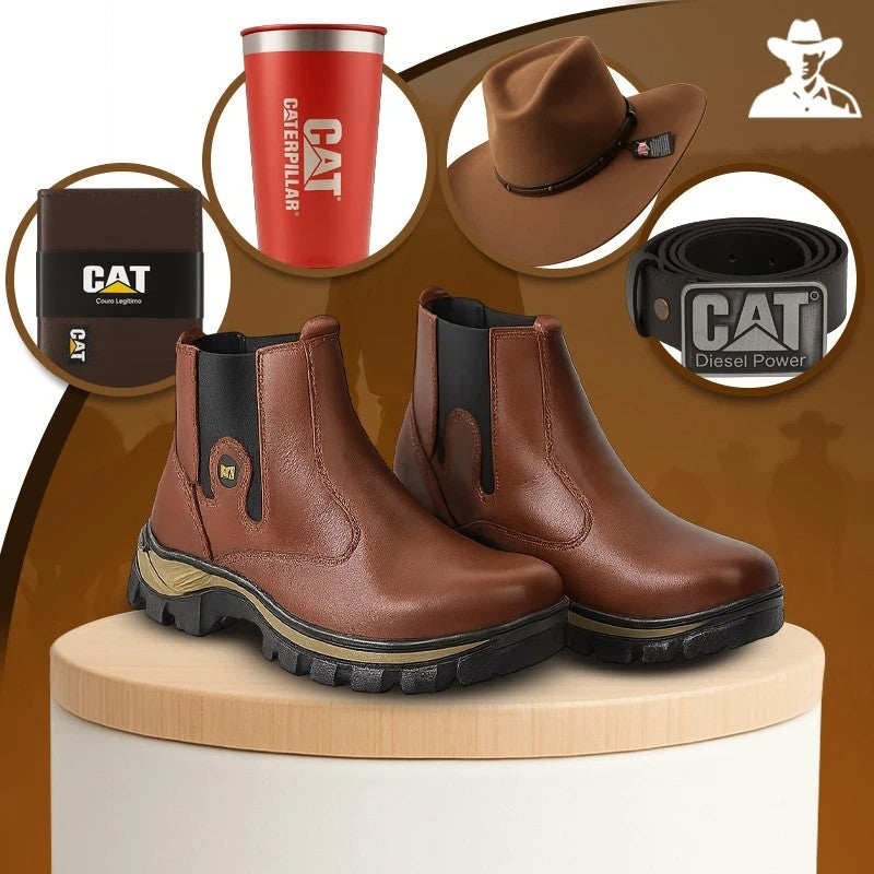 Kit Bota Masculina Adventure em Couro Legítimo e Palmilha Ortopédica +BRINDES: Chapéu, Cinto, Carteira e Copo