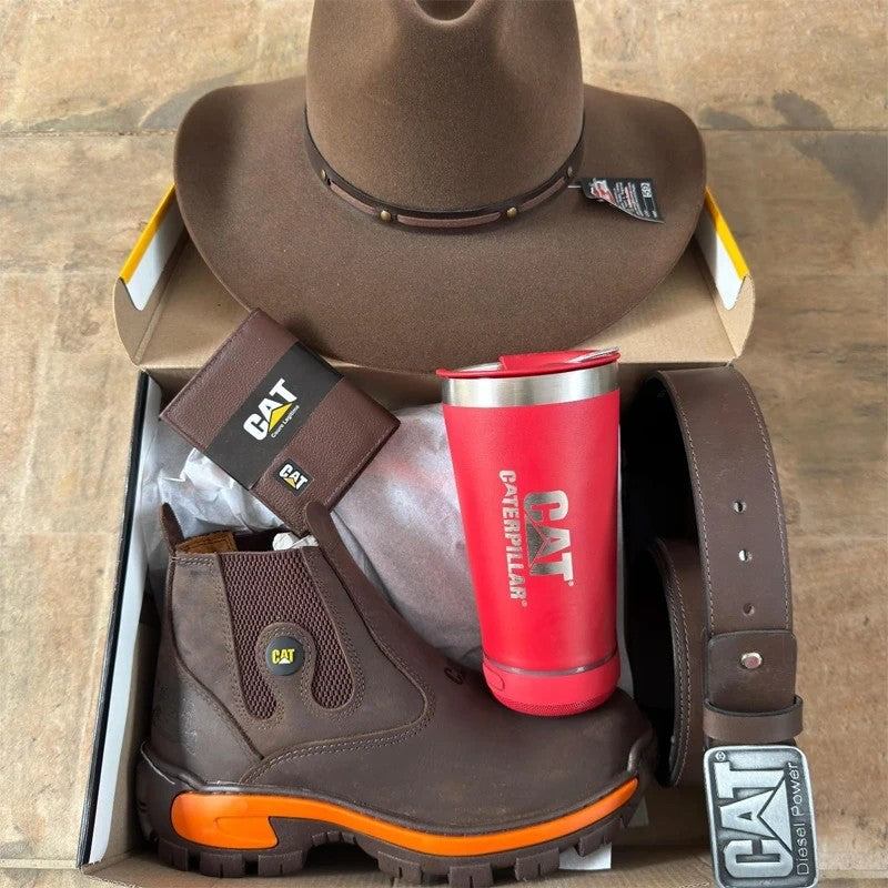 Kit Bota Masculina Adventure em Couro Legítimo e Palmilha Ortopédica +BRINDES: Chapéu, Cinto, Carteira e Copo