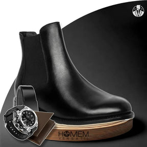 Kit Bota Masculina Chelsea Darex Cano Médio em 100% Couro Bovino + BRINDES: Relógio Tático, Cinto e Carteira