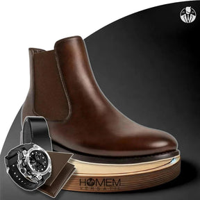 Kit Bota Masculina Chelsea Darex Cano Médio em 100% Couro Bovino + BRINDES: Relógio Tático, Cinto e Carteira
