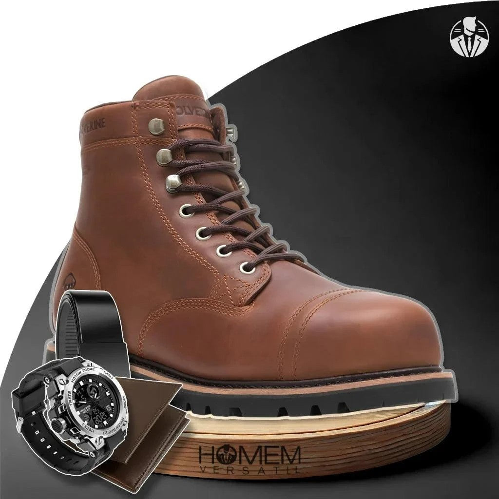 Kit Bota Masculina Norex Cano Médio em 100% Couro Bovino + BRINDES: Relógio Tático, Cinto e Carteira