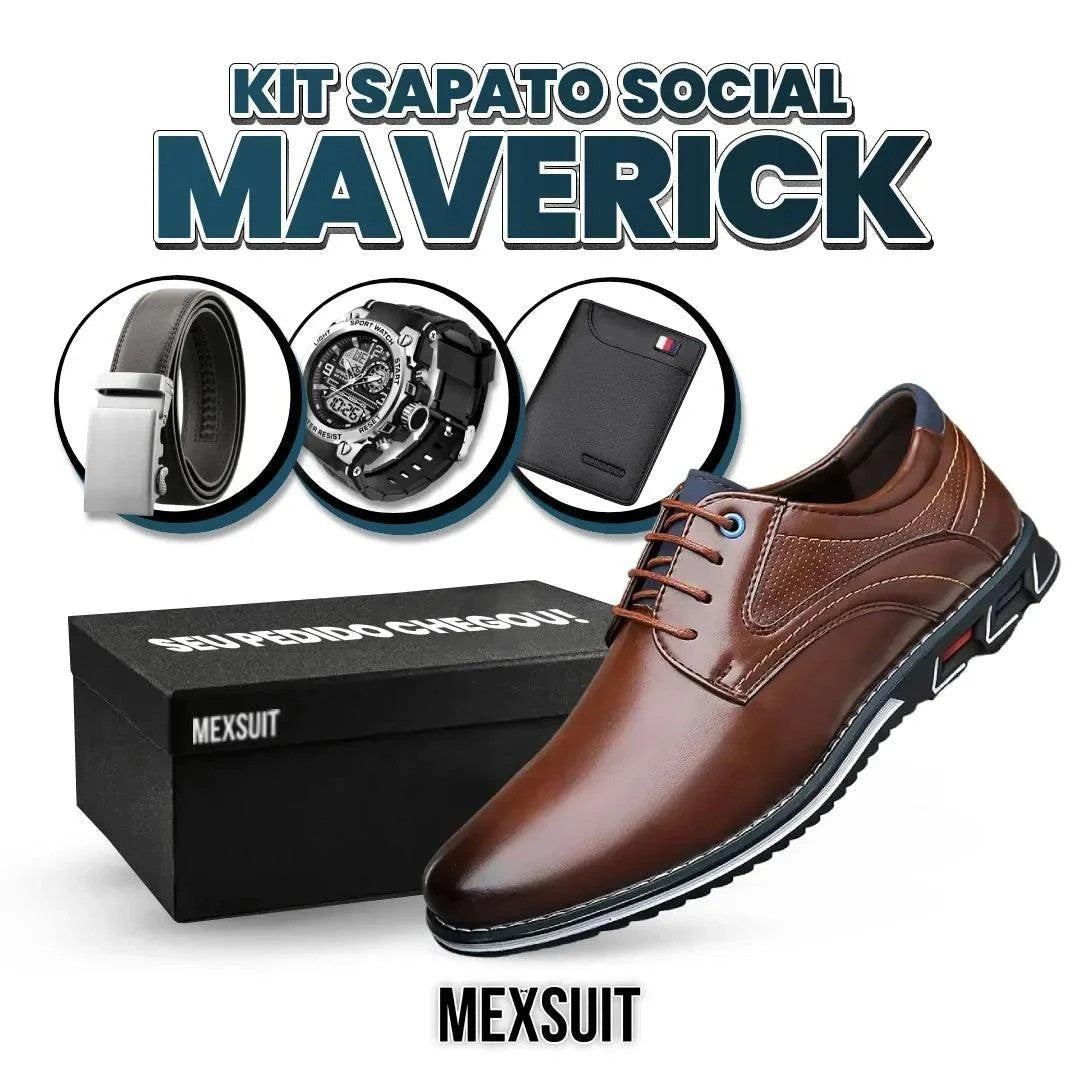 Kit Sapato Social Maverick de Couro Legítimo + 3 BRINDES: Cinto, Relógio e Carteira